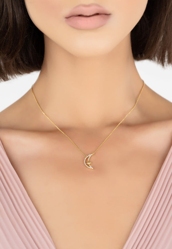 Sparkling Crescent Moon and Star Necklace Gold