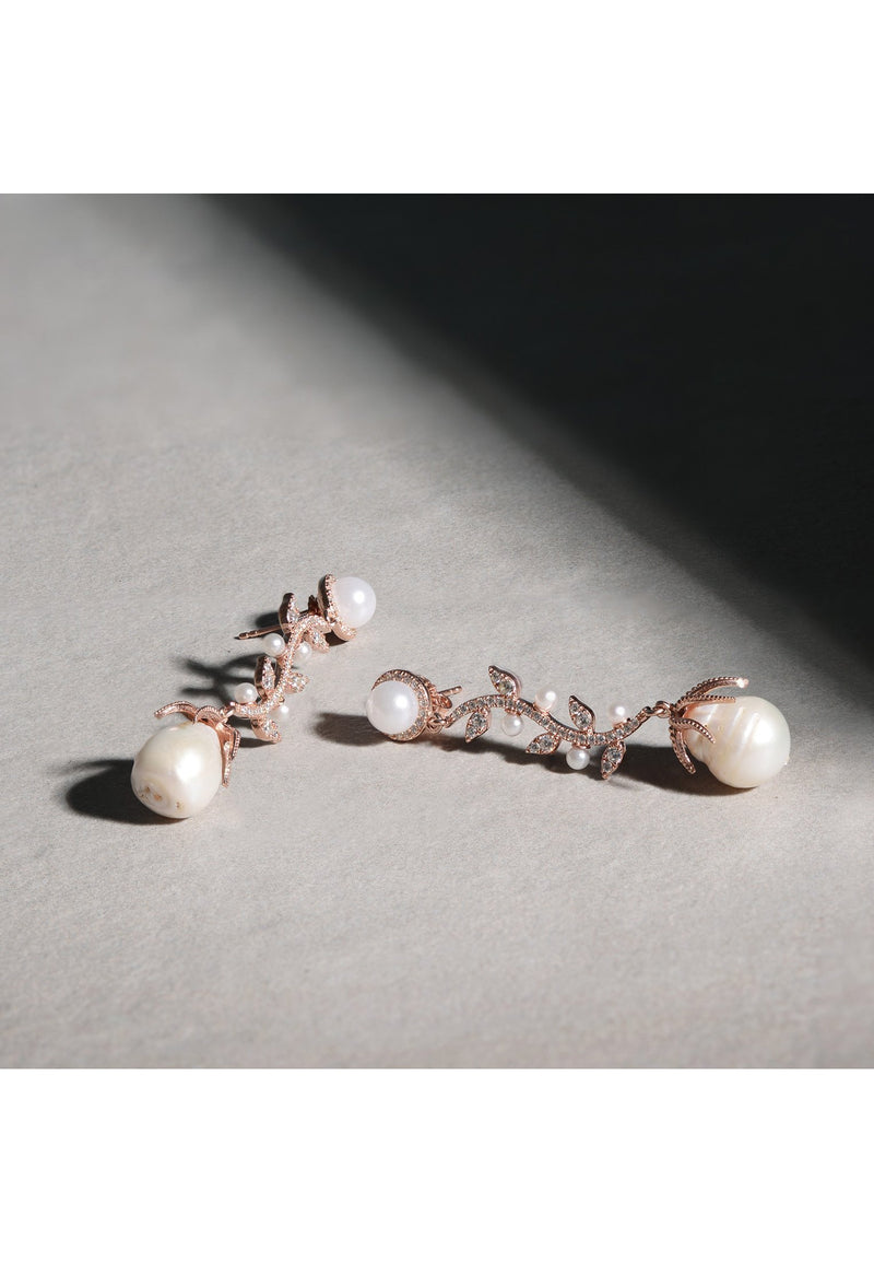 Baroque Pearl Trailing Flowers Earrings Rosegold