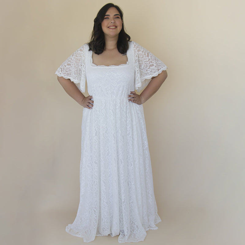 Ivory Square Neckline , Bohemian Butterfly Sleeves Dress #1322