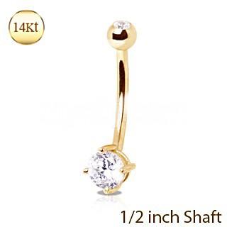 14Kt Yellow Gold 1/2" Navel Ring With Clear Round Prong Set CZ