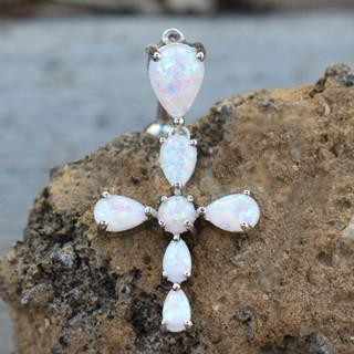 316L Stainless Steel White Synthetic Opal Cross Top Down Navel Ring