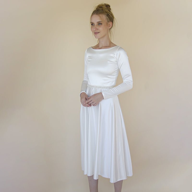 Short Wedding Dress, Silky Satin Off the Shoulder Midi Wedding Dress, #1359