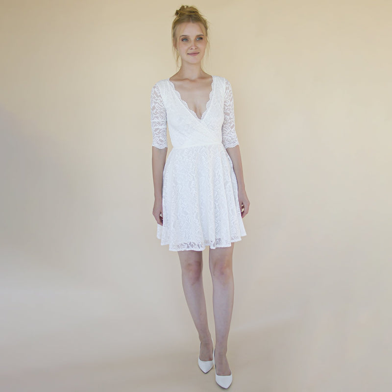 Ivory Wrap Lace Mini Wedding Dress Bracelet Sleeves #1373
