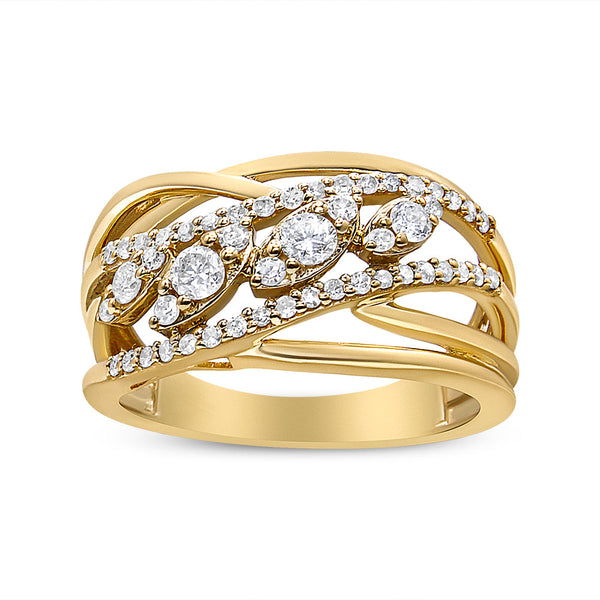 10K Yellow Gold 1/2 Cttw Round-Cut Multi Row Diamond Split Shank Cocktail Ring (H-I Color, SI2-I1 Clarity) - Size 9