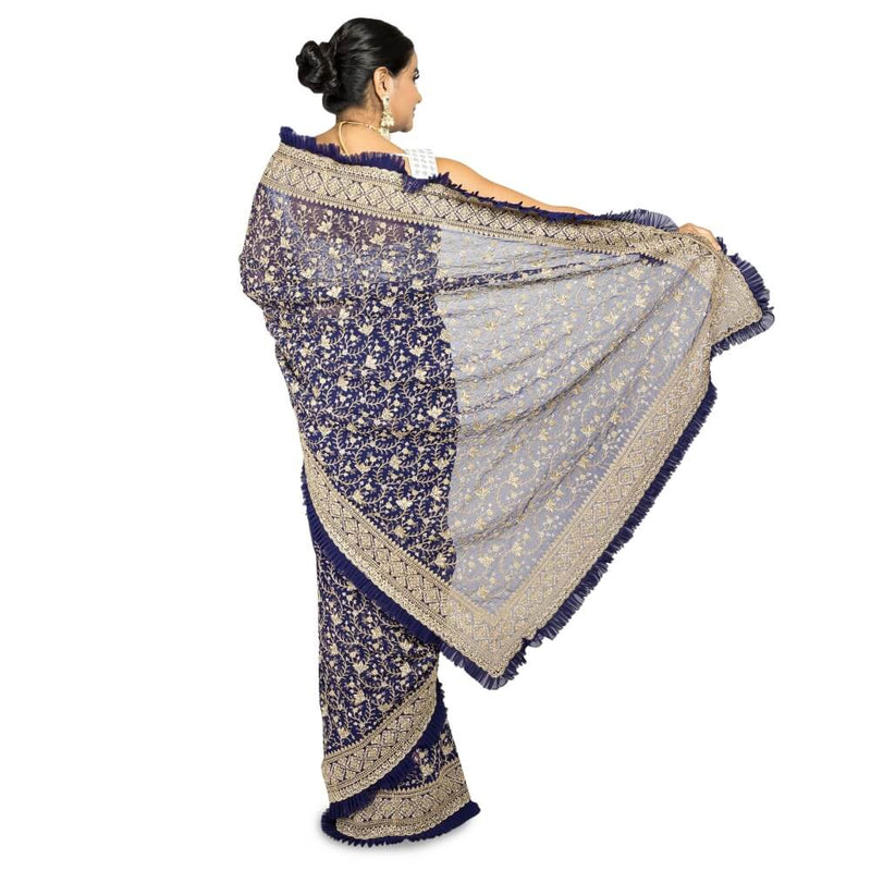 Navy Blue Georgette Saree With Frill Edge