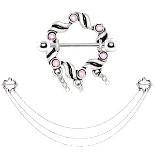 316L Stainless Steel Triple Chain Pink Ribbon Nipple Shields