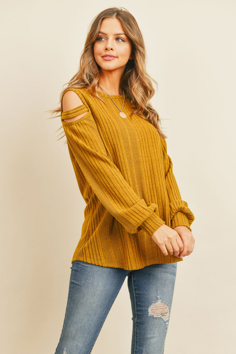 Ladder Open Should Long Sleeved Rib Detail Top