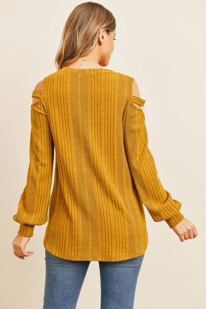 Ladder Open Should Long Sleeved Rib Detail Top