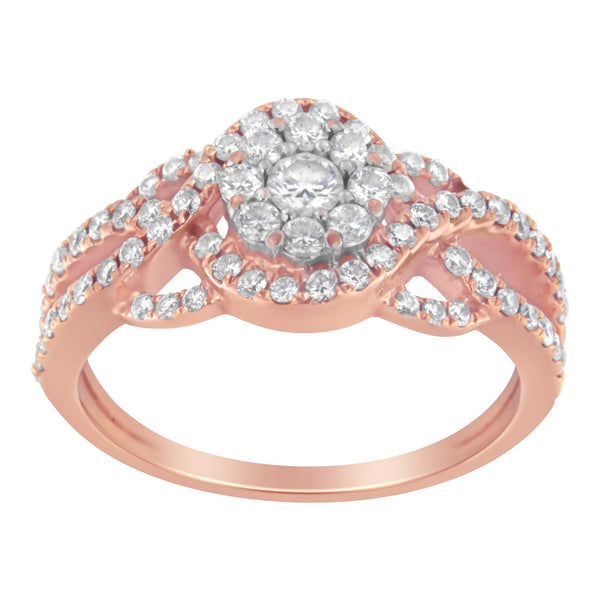 10K Rose Gold 3/4 Cttw Diamond Floral Cluster Head and Twisted Shank Cocktail  Ring (H-I Color, SI1-SI2 Clarity)- Size 5