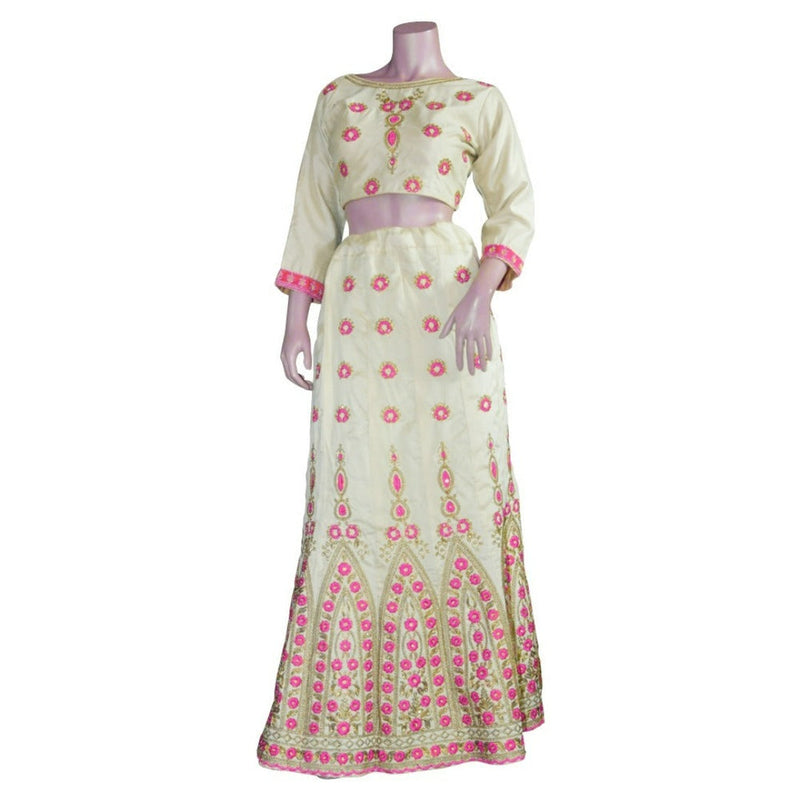 Beige Embroidered Lehenga With Orange or Pink Embroidery and Contrast Duppatta