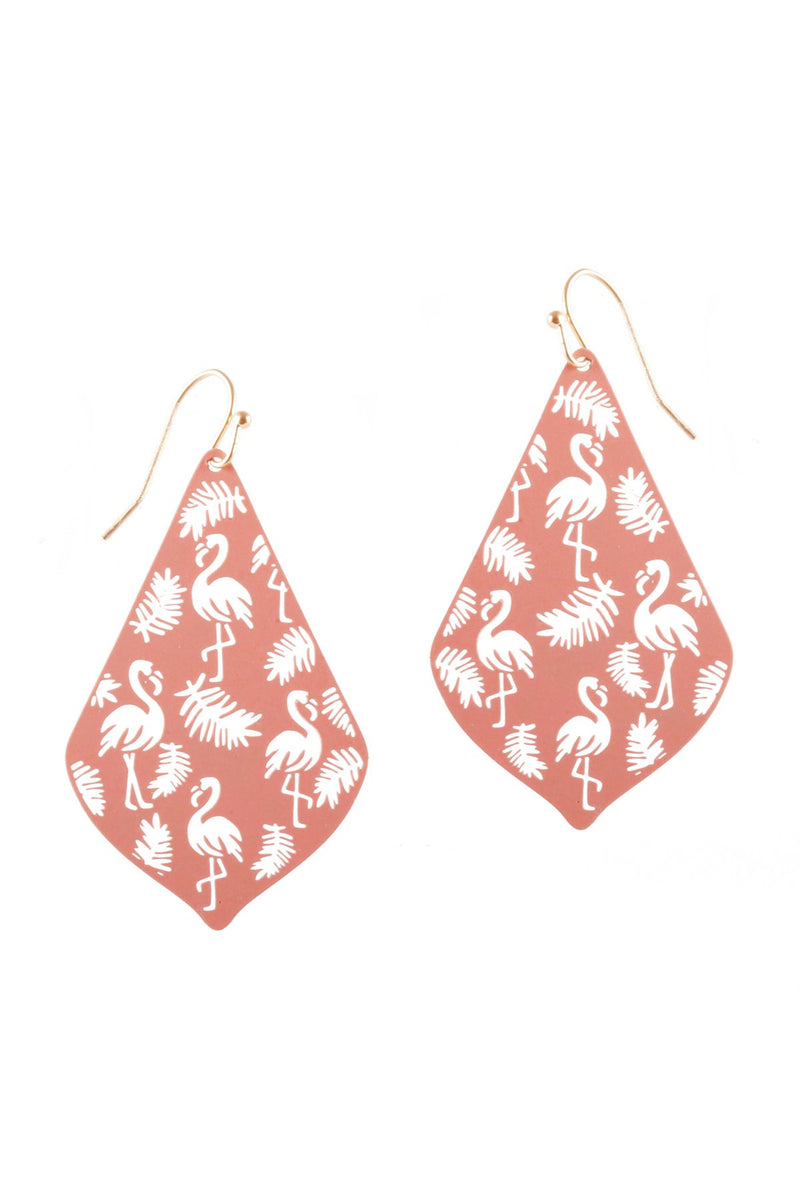 Pe3148 - Metal Filigree Flamingo Drop Earrings