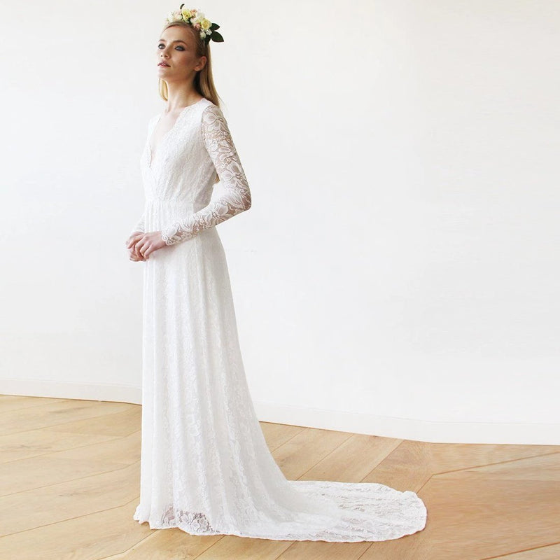Ivory Wrap Floral Lace Long Sleeve Gown With a Train  1151