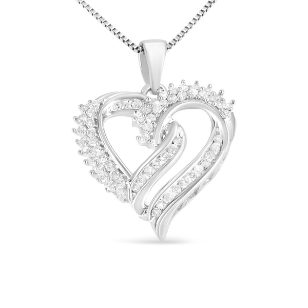 .925 Sterling Silver 1/2 Cttw Diamond Double Row Openwork Heart Pendant 18" Necklace (I-J Color, I3 Clarity)