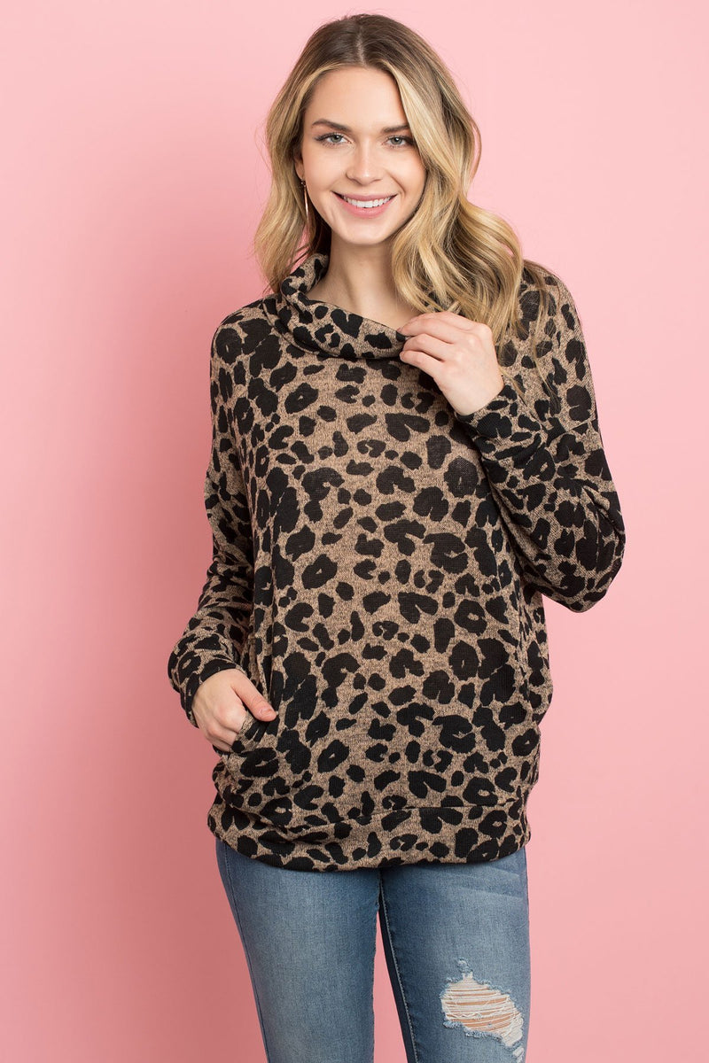 Cowl Neck Leopard Sweater With Inseam Pocket