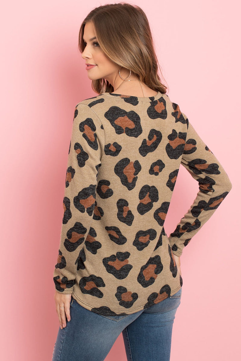 Long Sleeve Round Neck Leopard Knot Top