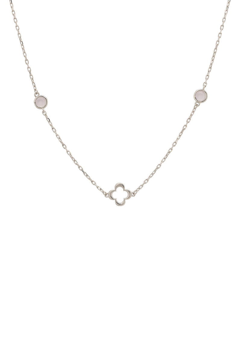 Open Clover Long Gemstone Necklace Silver Rose Quartz