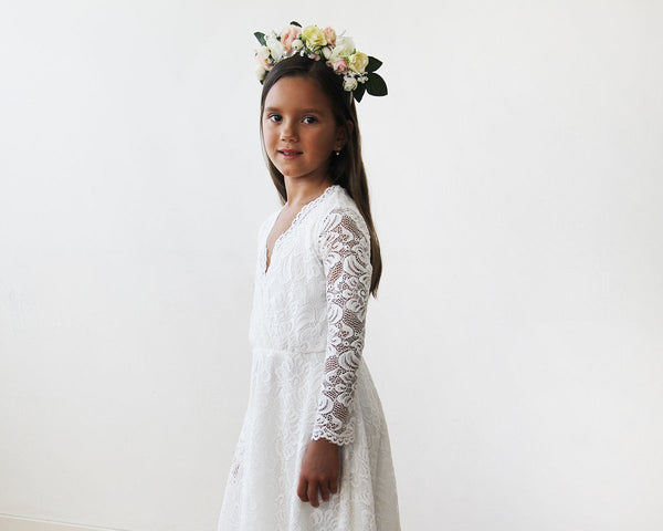 Ivory Lace Long Sleeves Flower Girls Short Dress 5045