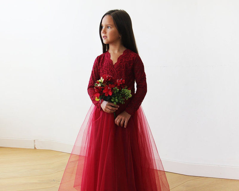 Burgundy Tulle and Lace Long Sleeves Flower Girls Gown 5043