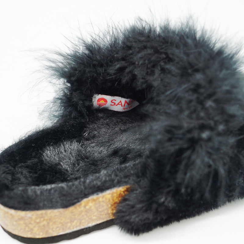 Shearling Fur Slide With Feather - Black Flat Women's Sandals