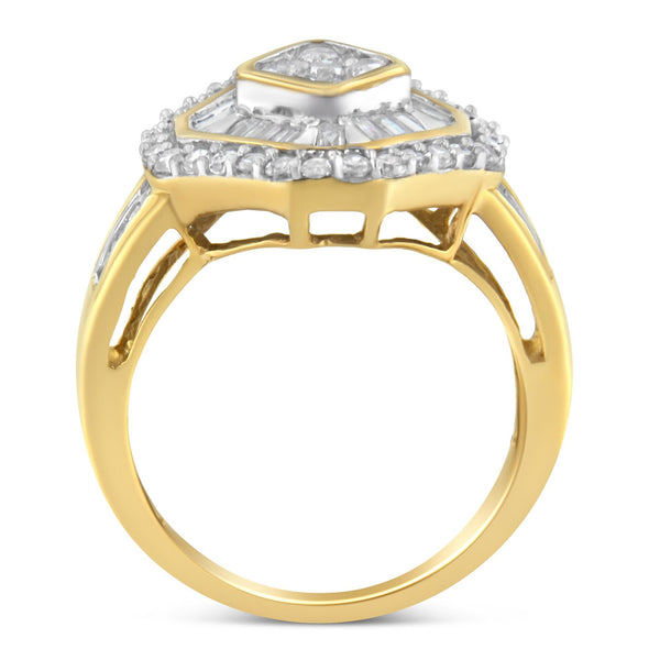 10K Yellow Gold Round and Baguette-Cut Diamond Cocktail Ring (1.0 Cttw, I-J Color, I1-I2 Clarity) - Size 8