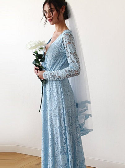 Light Blue Wedding Veil - Tulle Veil With Lace Trim 4015