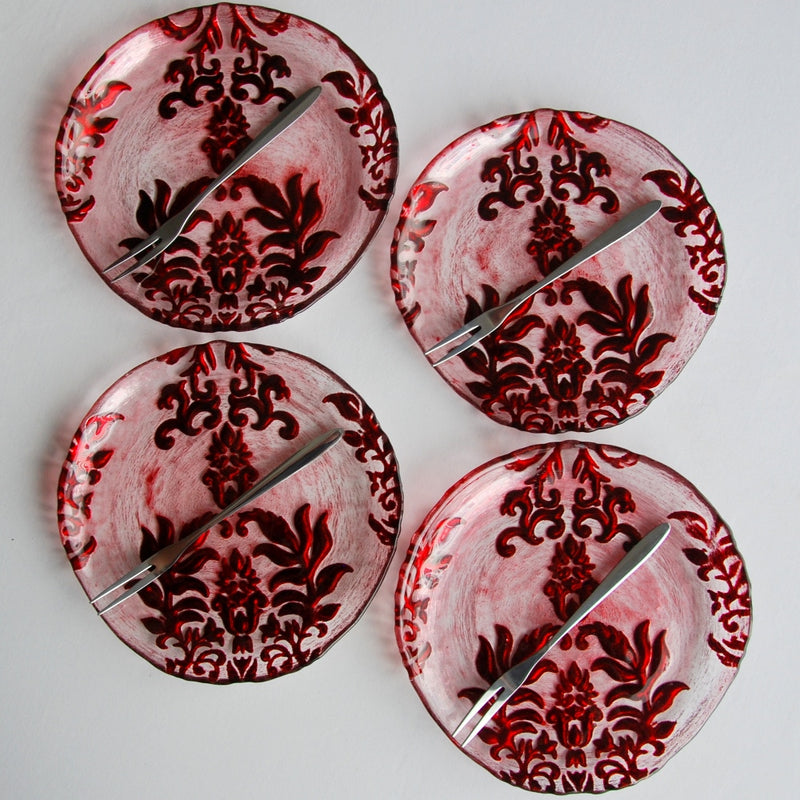 Set/4 DAMASK 6.5" RED/VELVET CANAPE PLATES