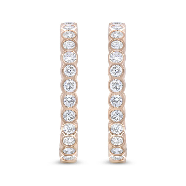 18K Rose Gold 1 Cttw Round Bezel-Set Diamond Hoop Earrings