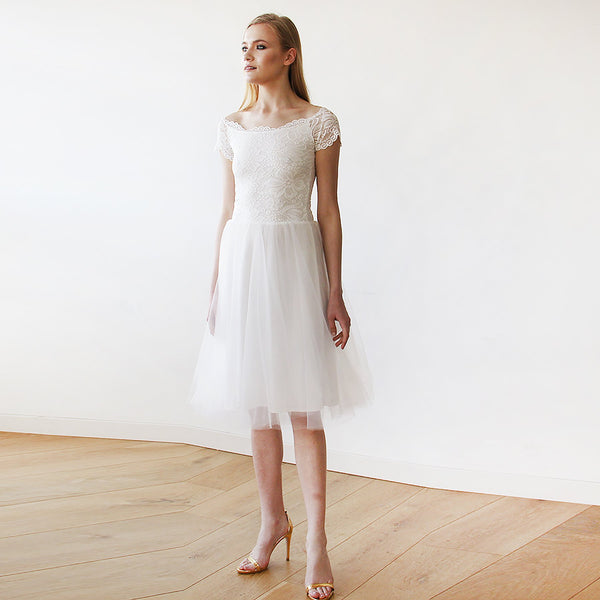 Short Wedding Dress ,Ivory Off-The-Shoulders Midi  Dress #1153