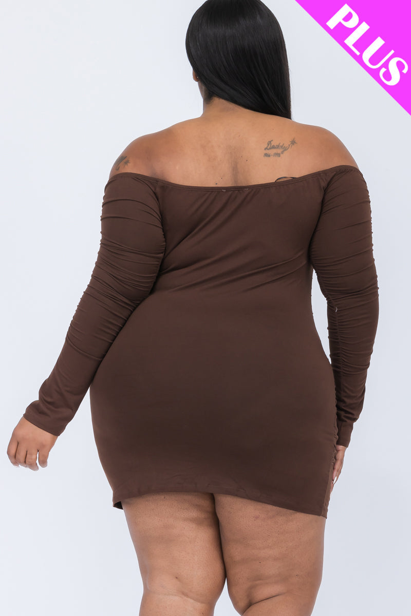 Plus Size Off Shoulder Ruched Long Sleeve Dress (CAPELLA)