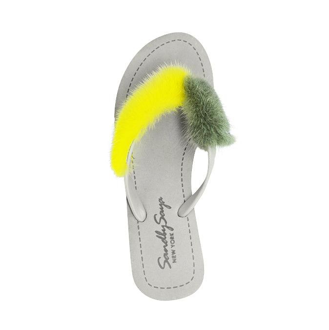 Mink Fur Yellow & Olive - Genuine Fur High Wedge Flip Flops Sandals