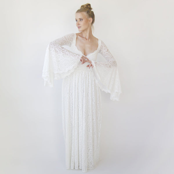 Bohemian Ivory Sweetheart Wedding Dress  With Bell Sleeves  1362