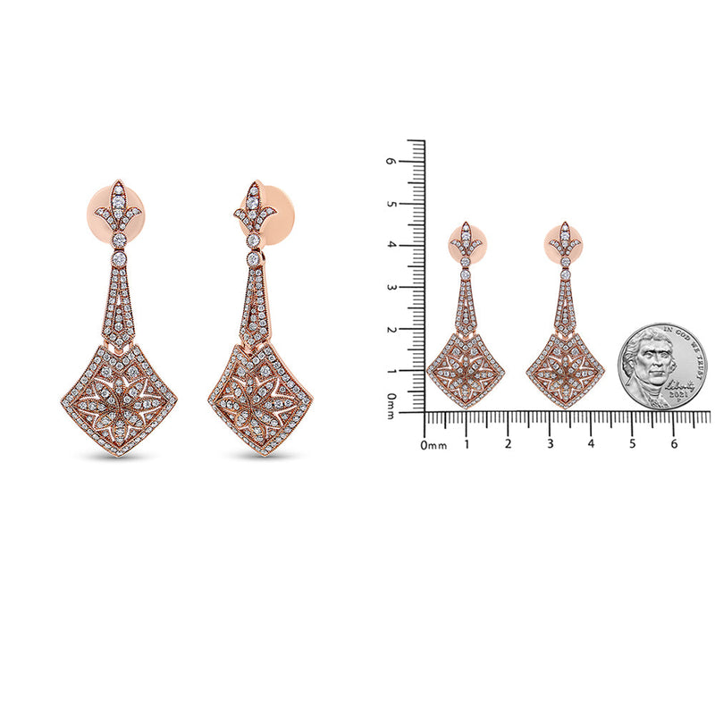 18K Rose Gold 1 1/3 Cttw Diamond Studded Fleur De Lis Trellis Style Drop and Dangle Earring (F-G Color, VS1-VS2 Clarity)