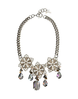 Silver Bib Necklace With Crystals and Beads