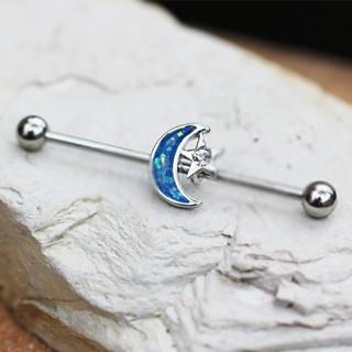 316L Stainless Steel Synthetic Opal Moon and Star Industrial Barbell