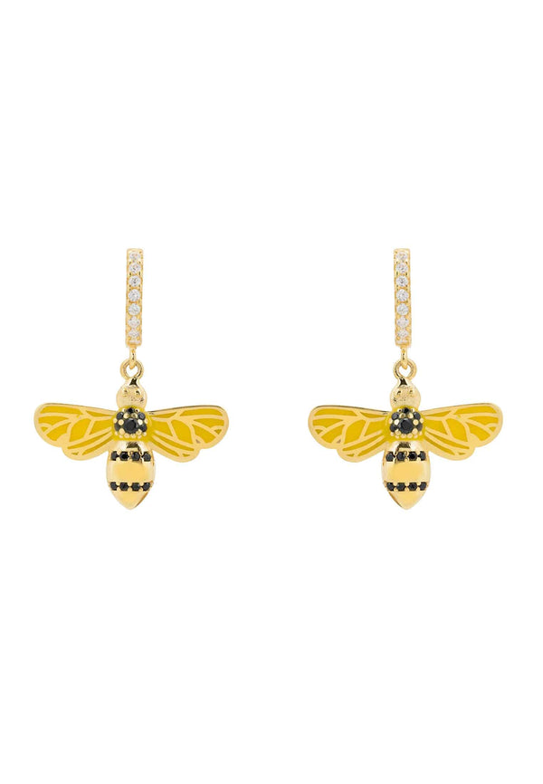 Enamel Bee Drop Hoop Earrings Gold