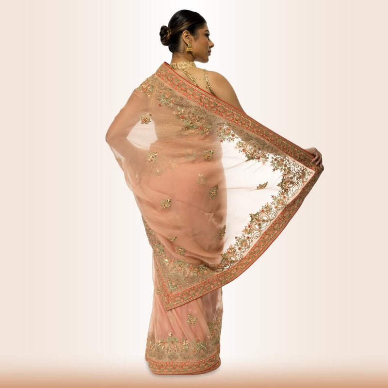 Organza Sari With Hand Embroidery - Biege