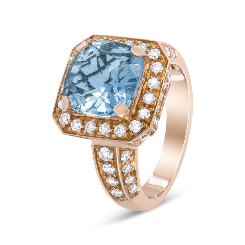 18K Rose Gold 10x10mm Cushion Shaped Aquamarine and 1 1/8 Cttw Round Diamond Halo Ring (F-G Color, VS1-VS2 Clarity) - Ri