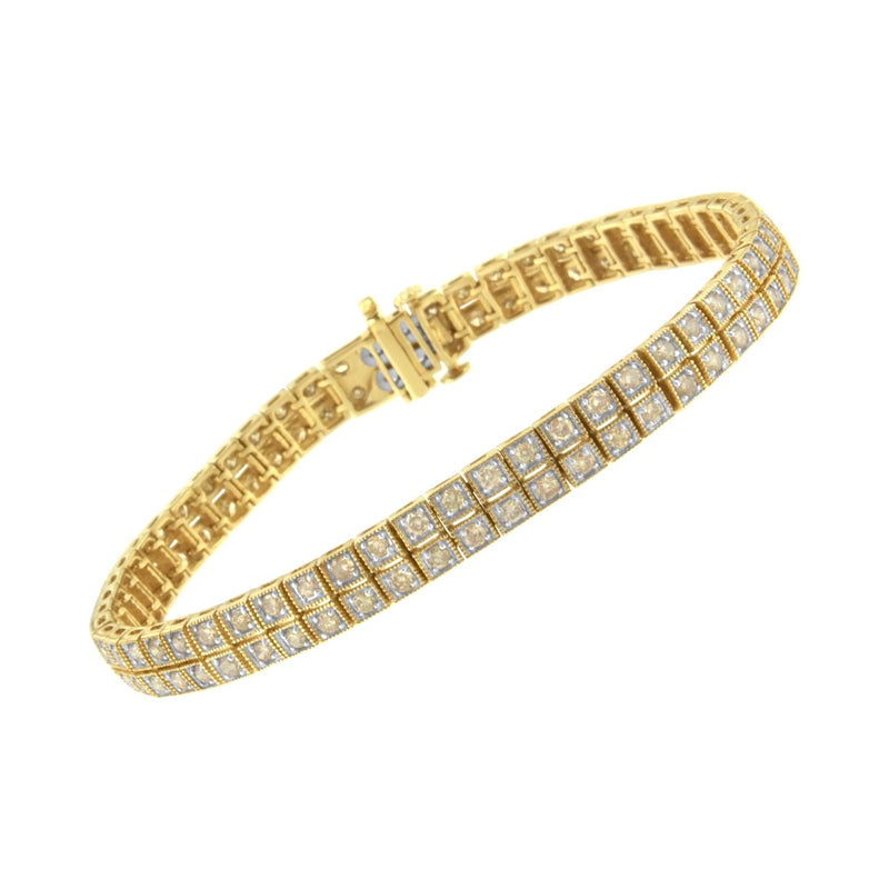 14K Yellow Gold Over .925 Sterling Silver 3.0 Cttw Diamond Double Row Square Milgrain Link 7” Tennis Bracelet (K-L Color