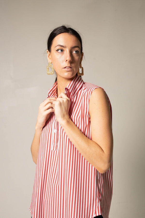 Italian Cotton Stripe Red Sleeveless Shirt