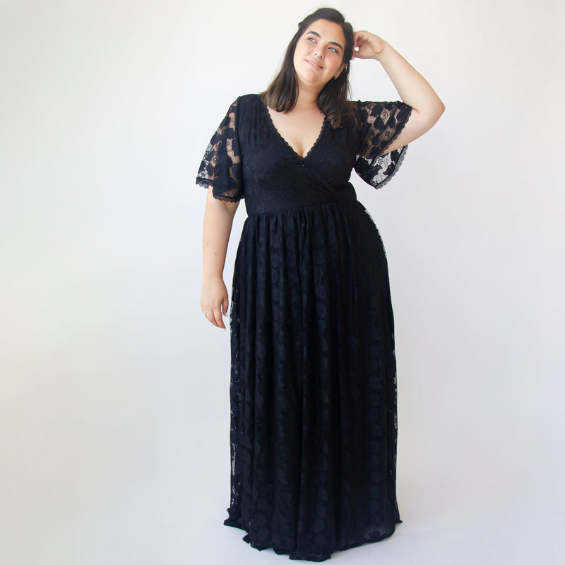 Black Wrap Flutter Sleeves Dress Lace Maxi Dress With Pockets #1376