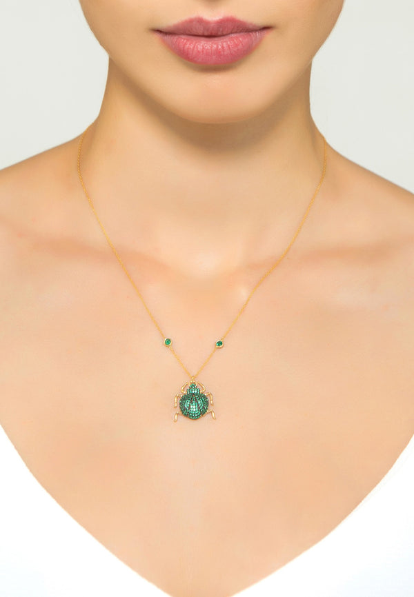 Scarab Beetle Egyptian Green Pendant Necklace Gold