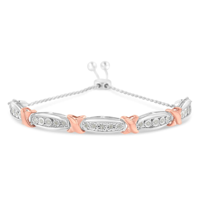.925 Sterling Silver 1/4 Cttw Round-Cut Diamond X & Tapered Bar Miracle-Set Bolo Bracelet (I-J Color, I3 Clarity) - Two