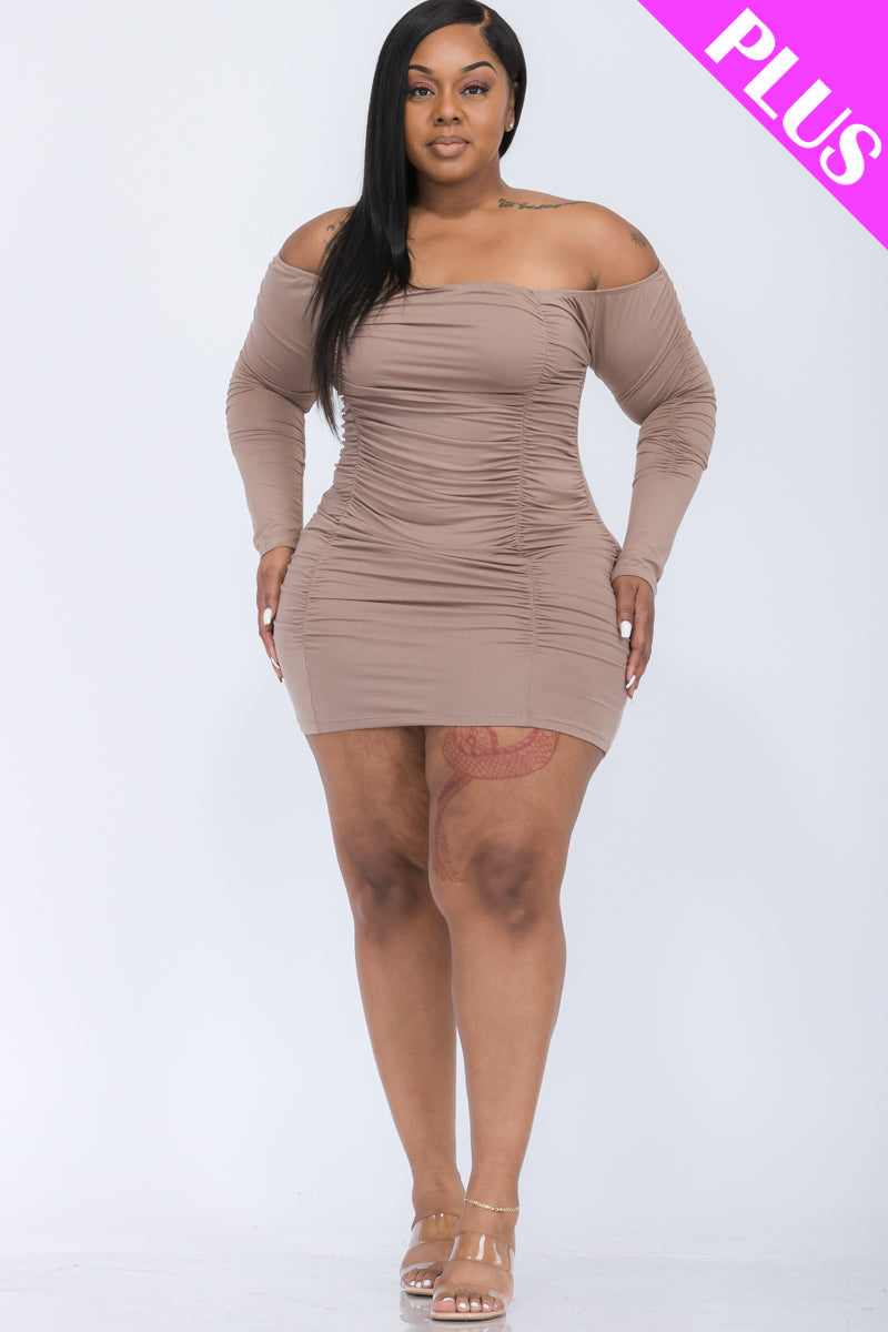 Plus Size Off Shoulder Ruched Long Sleeve Dress (CAPELLA)