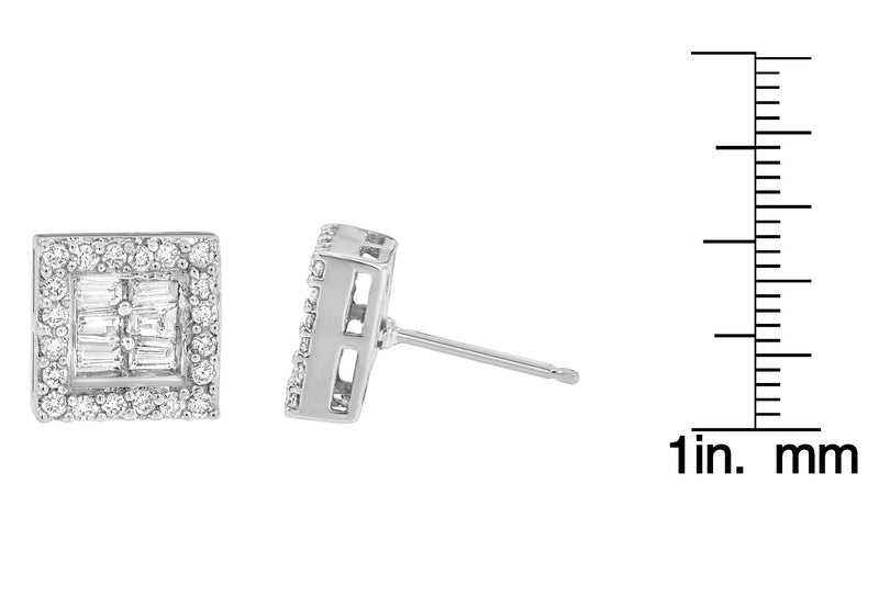 14K White Gold 1 Cttw Round and Baguette Diamond Stud Earrings (H-I, SI1-SI2)