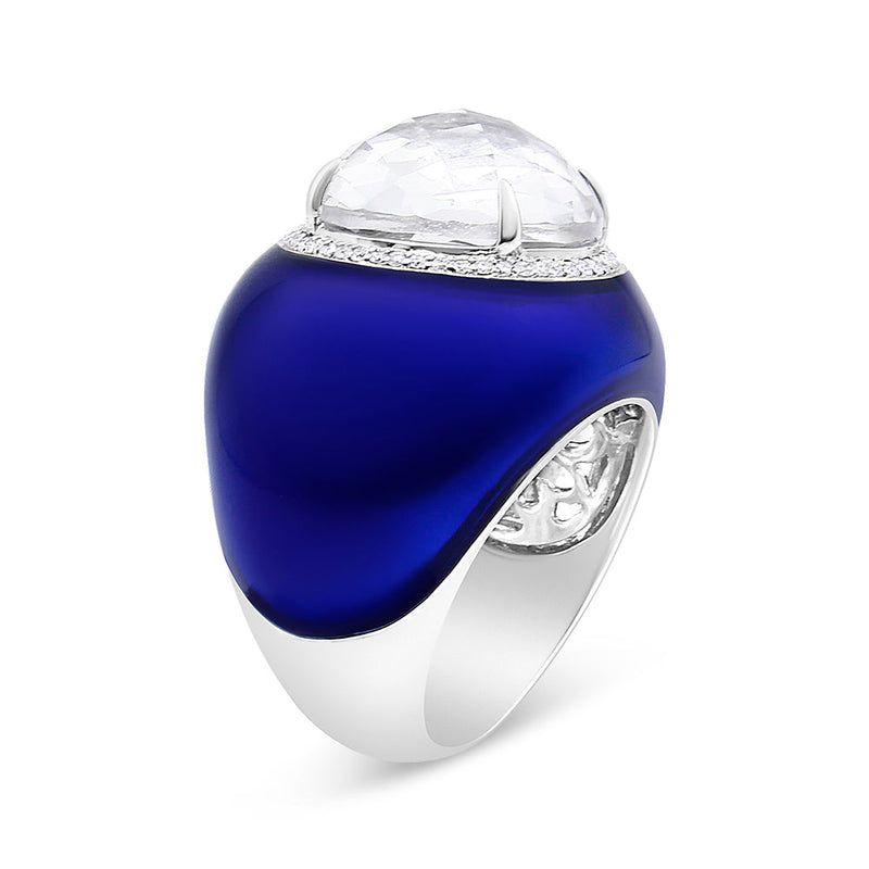 18K White Gold 14mm White Quartz and 1/5 Cttw Diamond Halo With Blue Enamel Dome Ring (F-G Color, VS1-VS2 Clarity) - Rin