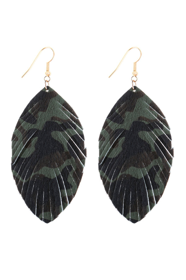 Hde3056 - Fringed Camouflage Leather Drop Earrings
