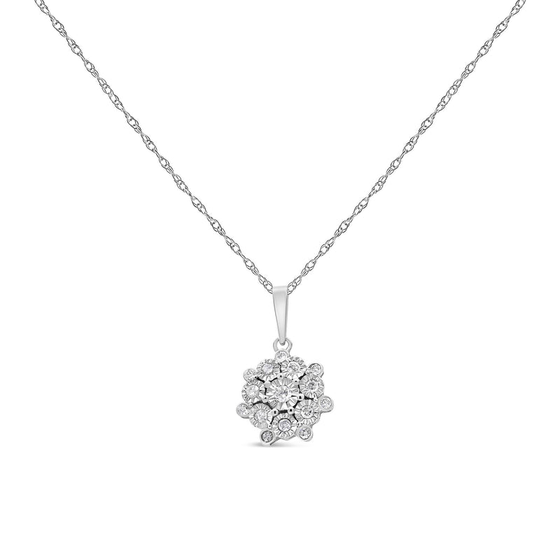 .925 Sterling Silver 1/4 Cttw Diamond Floral Cluster Pendant Necklace