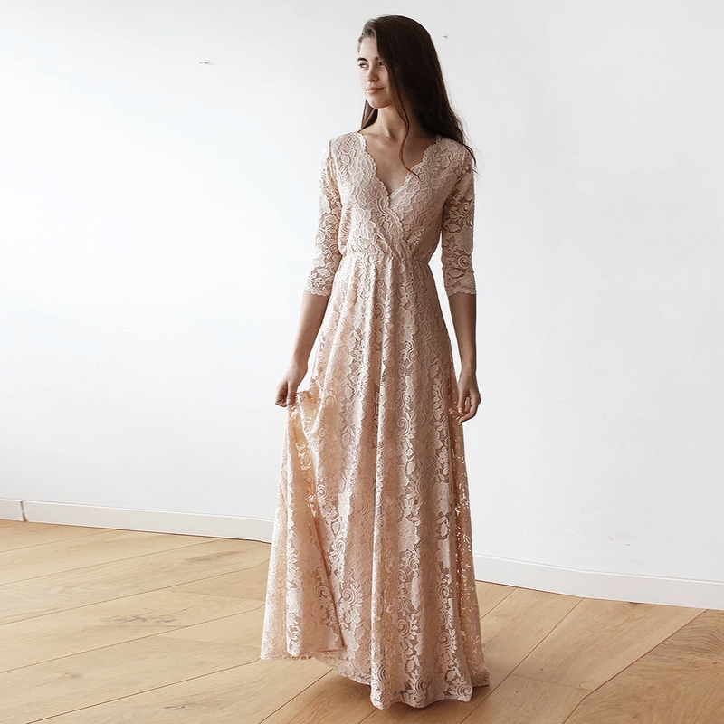 Curve & Plus Size Boho Lace Dress, Pink Blush Lace Wrap Dress 1124