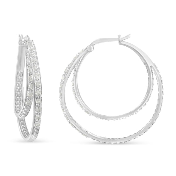 .925 Sterling Silver 1/2 Cttw Miracle-Set Diamond Double Hoop With Latchback Earrings (I-J Color, I3 Clarity)