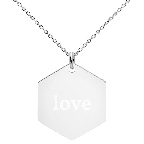 Love Engraved Silver Hexagon Necklace
